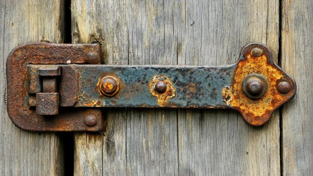 A rusty metal hinge is attached to a weathered wooden door