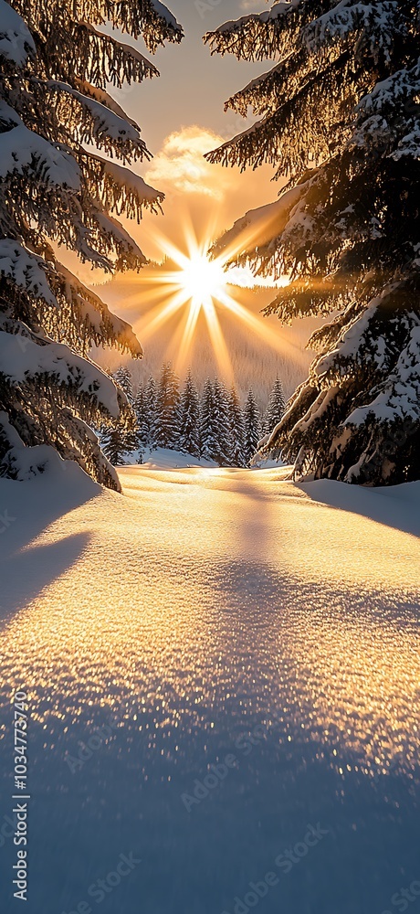 Poster the sun shines through the trees, casting long shadows on the snow-covered : generative ai