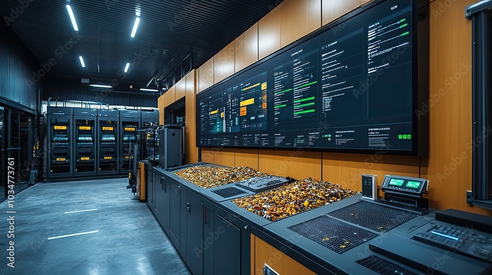 Poster modern waste management station with digital dashboard displaying real time dat and analytics for ef