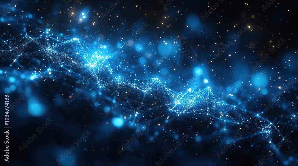 Poster network integration concept visualized with interconnected blue nodes and lines representing connect