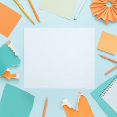 Colorful stationery and craft materials on a light background.
