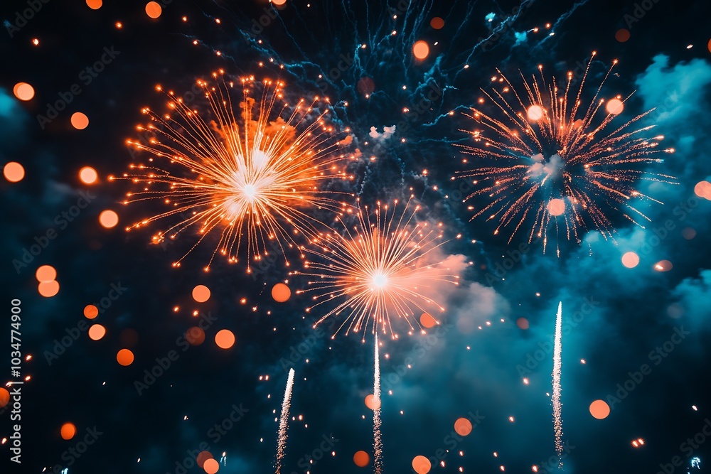 Poster Fireworks display on a dark blue sky background.  : Generative AI