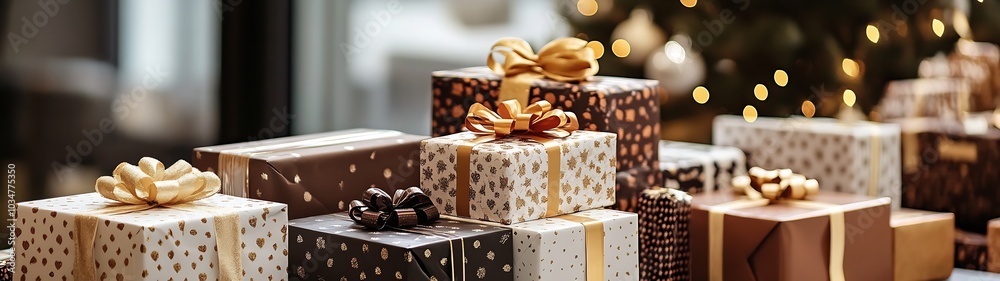 Poster a table full of prizes in elegant wrapping paper in a smart professional shop : generative ai