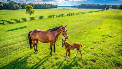 Aerial view of thoroughbred horse mare and foal in lush green Ocala Florida pasture