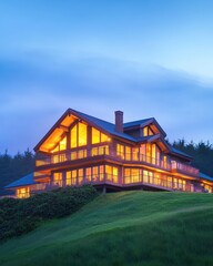 Modern house with large windows, surrounded by greenery.