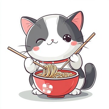 recommend clip art: Cute Cat Eating Ramen Noodles - Adorable Cartoon Illustration