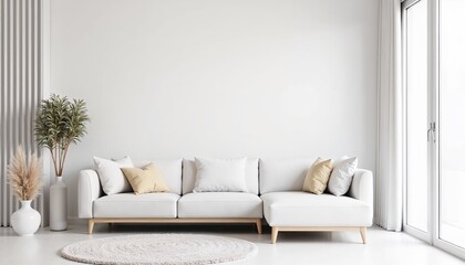 Modern living room interior with white sofa and decorative cushions on light background