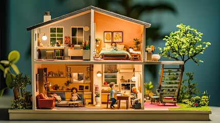 A dollhouse with miniature dolls interacting in different rooms and settings