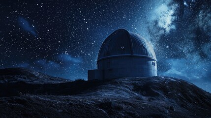 A dome-shaped observatory on a hill with a telescope pointed towards the night sky
