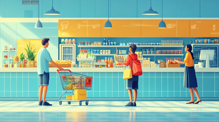 Obraz premium Fruit and vegetable stalls and shoppers in the market