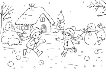 Children Playing in Snowy Winter Landscape Black and White Illustration