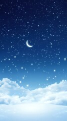 Naklejka premium A crescent moon and twinkling stars in a dark blue night sky above white clouds and a snow-covered landscape.