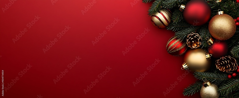 Poster christmas tree with christmas ornaments on red background : generative ai