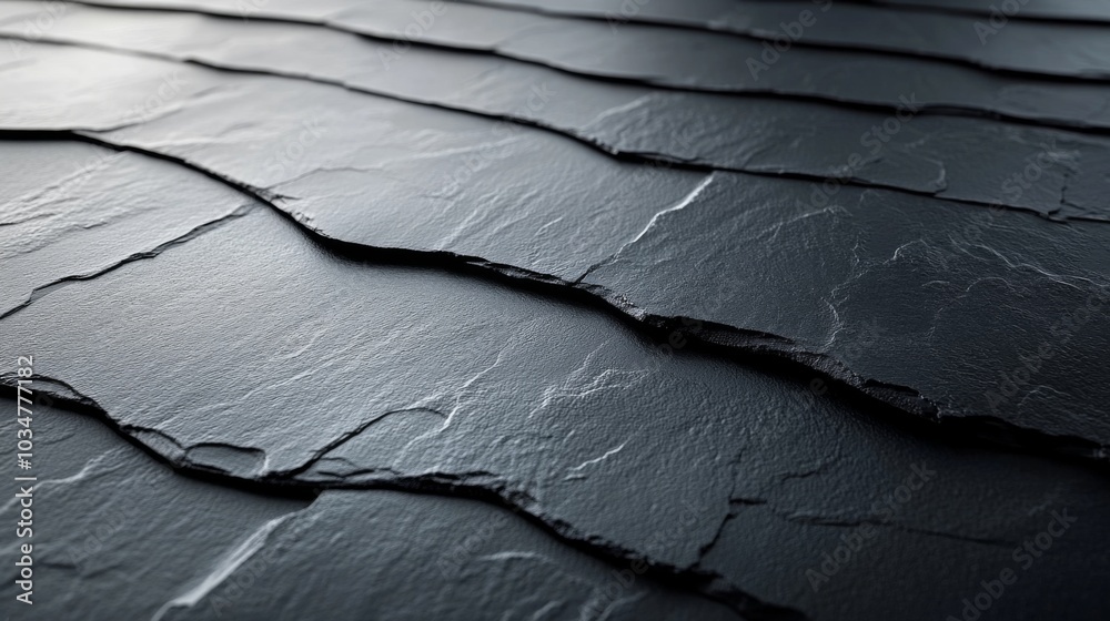 Poster Close-up view of dark slate tiles showcasing their unique texture and layering. These tiles are often used in modern architecture and interior design for aesthetic appeal.