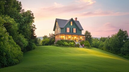 Fototapeta premium Charming green house on a hill surrounded by lush greenery.