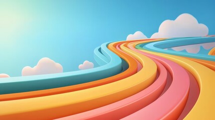 Colorful abstract curves, blue sky and clouds, vibrant design.