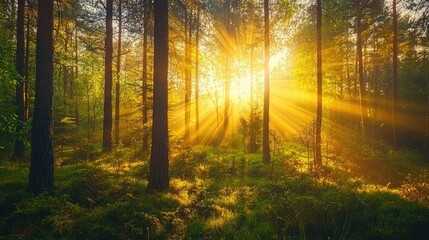 Obraz premium A forest bathed in the first light of dawn with rays of sunlight filtering through the trees