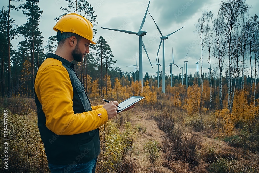 Poster engineer in a yellow helmet standing in a field with wind turbines : Generative AI