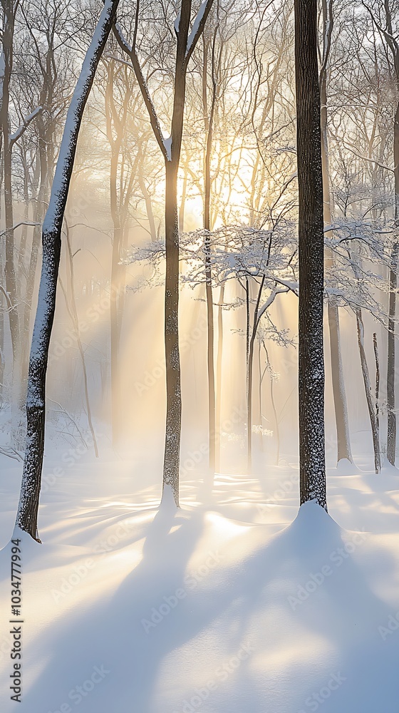 Poster a serene winter forest covered in fresh snow, with sunlight filtering through the bare trees. : gene
