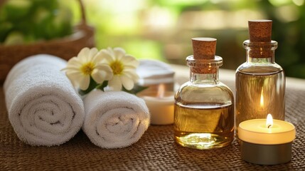 Relaxing Spa Essentials with Towels and Oils