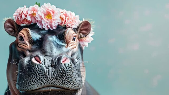 A playful hippo adorned with flowers celebrates joy in a sunny setting at the zoo during a summer afternoon