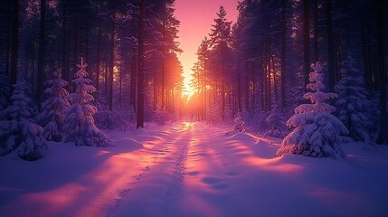 A snowy forest at twilight, the snow-covered trees casting long shadows : Generative AI