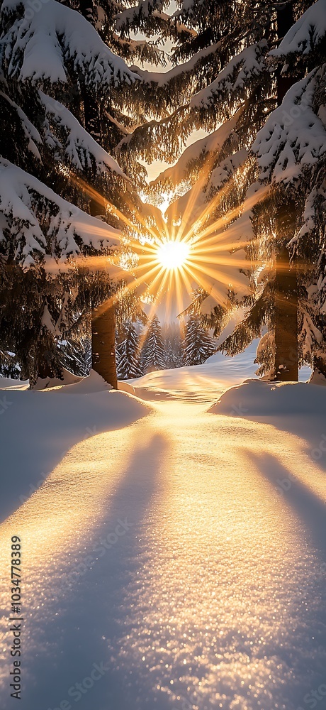Poster the sun shines through the trees, casting long shadows on the snow-covered : generative ai