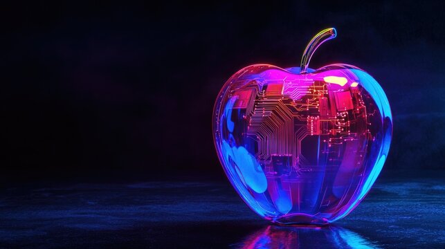 A glass apple with internal circuitry, glowing with neon lights with a simple dark gradient background. The apple is illuminated by a violet and blue neon light.