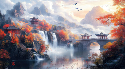 Lakes and arch bridges in the mountains, pavilions in the distance, Chinese paintings