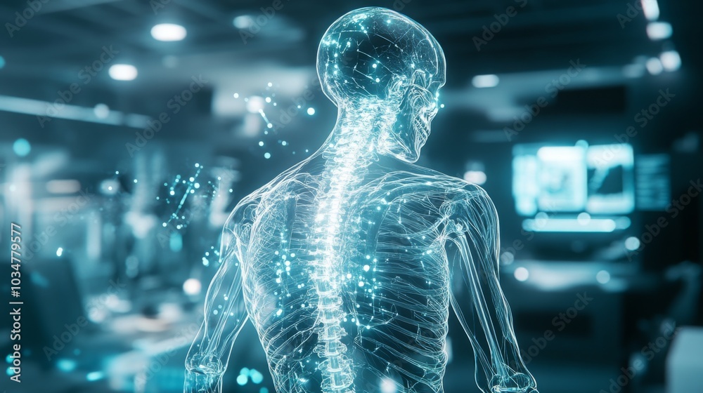 Poster a transparent human skeleton model highlights the spine in a futuristic laboratory, showcasing advan