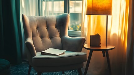 Obraz premium A Cozy Armchair with a Book and a Lamp by the Window