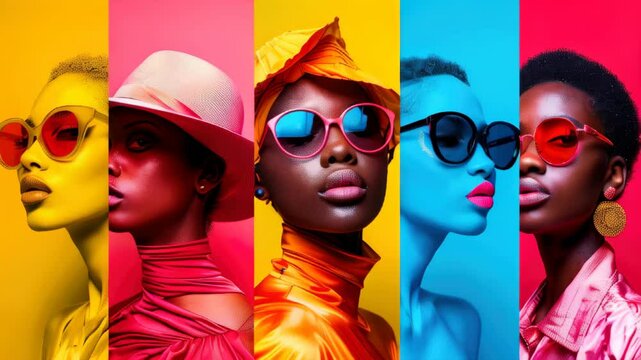 Vibrant fashion showcase featuring diverse models in stylish sunglasses against colorful backgrounds