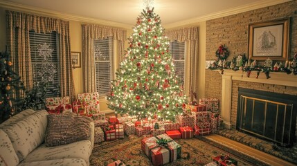 Festive Living Room with Christmas Tree and Gifts