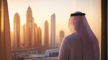An middle eastern arabian business person looking out over a modern city skyline