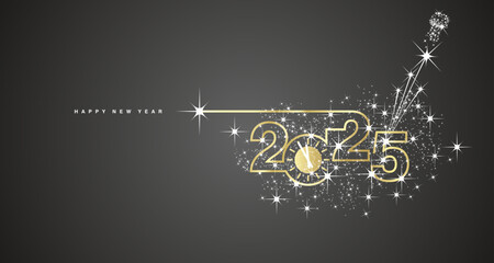 2025 Happy New Year. Clock countdown. 2025 in the form of a line design with champagne cork with shining sparkle firework golden white black banner vector
