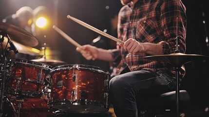 Naklejka premium A man is playing drums in a band