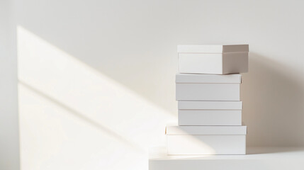 A collection of plain white donation boxes is stacked neatly in a bright, minimalist space, highlighting the theme of generosity and community support, copy space