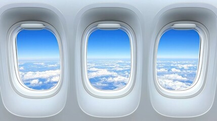Fototapeta premium Three airplane windows with a blue sky and clouds
