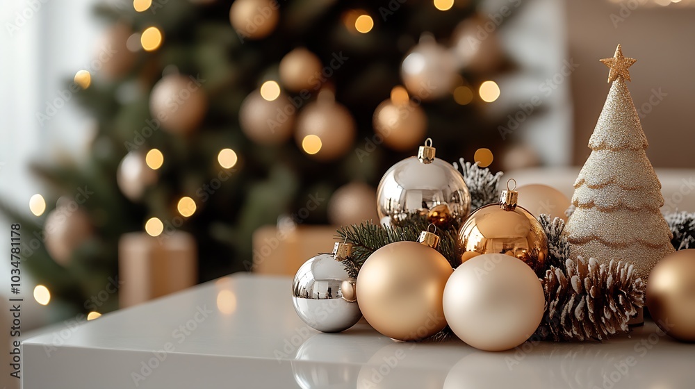 Poster Christmas tree with decorations and snowflake on gold bokeh background. : Generative AI