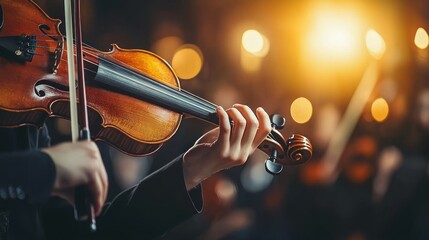 A person is playing a violin in front of a crowd