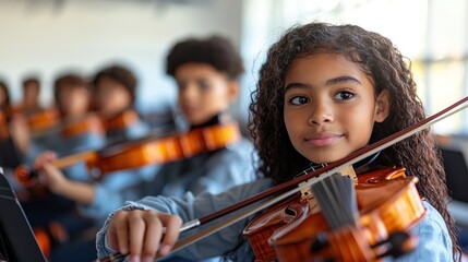 A young girl is playing the violin in a group of children