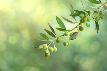  Fresh green olives on a branch with a blurred background for text placement