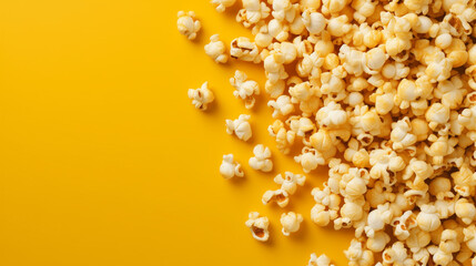 Delicious pieces of popcorn are strewn across a bright yellow surface, reminiscent of the excitement and enjoyment found in a bustling cinema environment, copy space