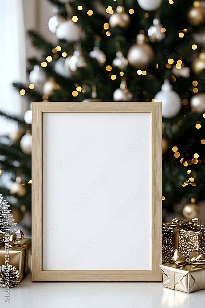 Poster wooden frame mockup of blank framed table sign on a table : generative ai