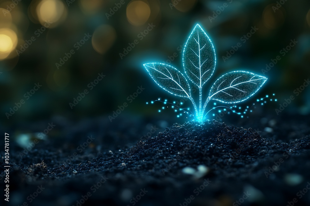Poster a digital tree sprout growing on black soil with a digital light effect background. : generative ai