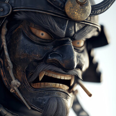 Scarry Samurai mask closeup. Medieval Japan samurai Bushido culture