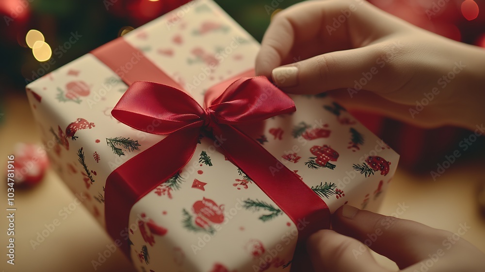 Poster hands wrapping a gift with red ribbon and festive wrapping paper.  : Generative AI