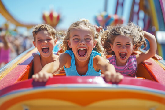 Three Children Laughing Exuberantly While Riding a Colorful Amusement Park Ride