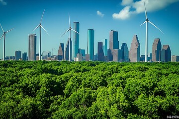 Obraz premium White wind turbines and green trees in front of a city skyline with a blue sky background. : Generative AI