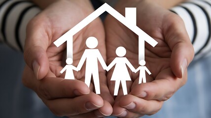 Close-up of hands gently holding a paper family cutout with a house symbol in the background, symbolizing adoption, foster care, and the importance of family support